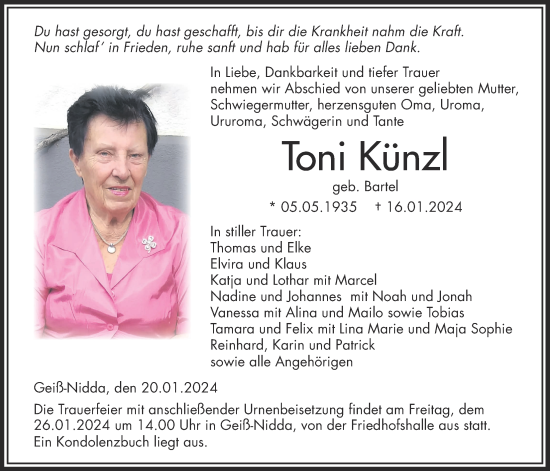 Traueranzeige von Toni Künzl von Kreis-Anzeiger