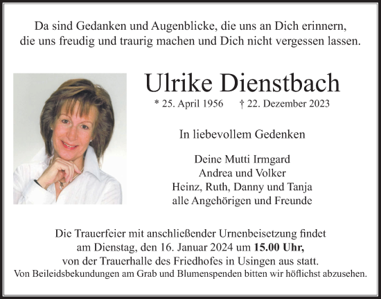 Traueranzeige von Ulrike Dienstbach von Usinger Anzeiger