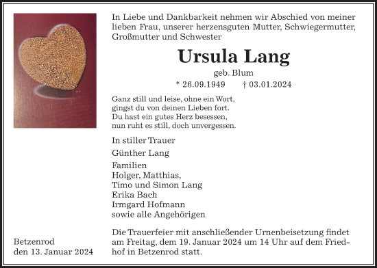Traueranzeige von Ursula Lang von Kreis-Anzeiger