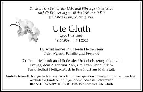 Traueranzeige von Ute Gluth von Bad Vilbel/Karben