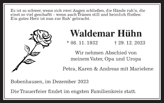 Traueranzeige von Waldemar Hühn von Kreis-Anzeiger
