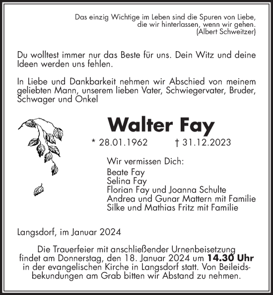 Traueranzeige von Walter Fay von Licher Wochenblatt