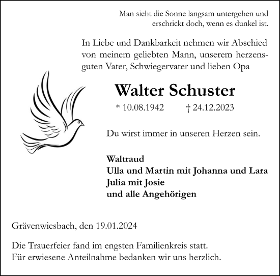 Traueranzeige von Walter Schuster von Usinger Anzeiger