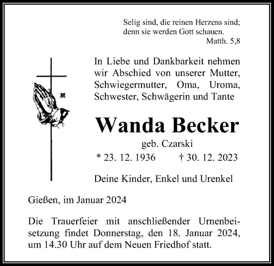 Traueranzeige von Wanda Becker von Giessener Allgemeine, Alsfelder Allgemeine