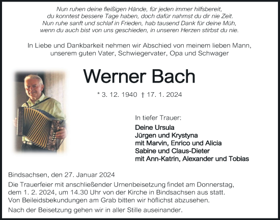 Traueranzeige von Werner Bach von Kreis-Anzeiger