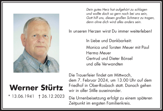 Traueranzeige von Werner Stürtz von Wetterauer Zeitung