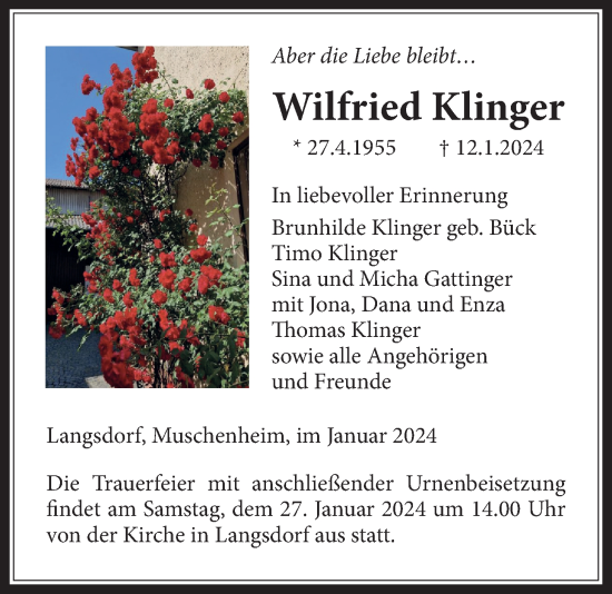 Traueranzeige von Wilfried Klinger von Giessener Allgemeine, Alsfelder Allgemeine, Giessener Anzeiger