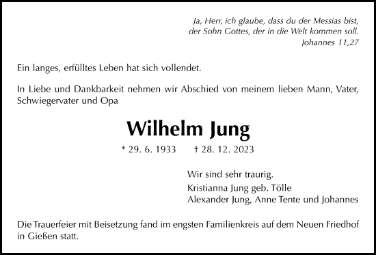 Traueranzeige von Wilhelm Jung von Giessener Allgemeine, Alsfelder Allgemeine, Giessener Anzeiger