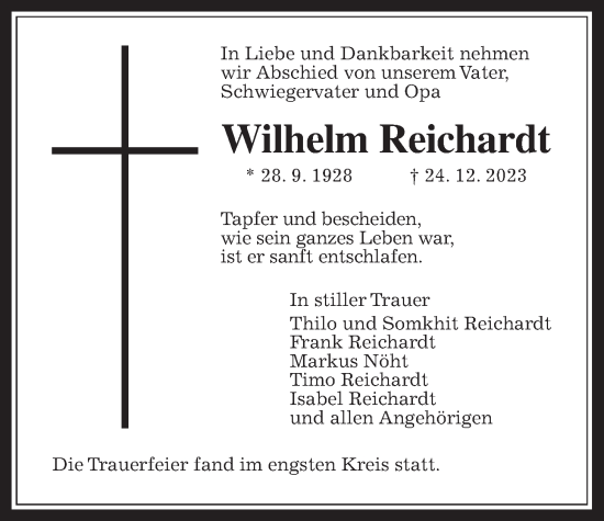 Traueranzeige von Wilhelm Reichardt von Wetterauer Zeitung