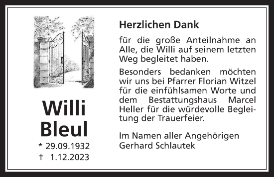 Traueranzeige von Willi Bleul von Wetterauer Zeitung
