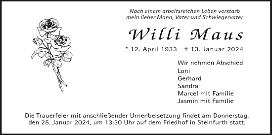 Traueranzeige von Willi Maus von Wetterauer Zeitung