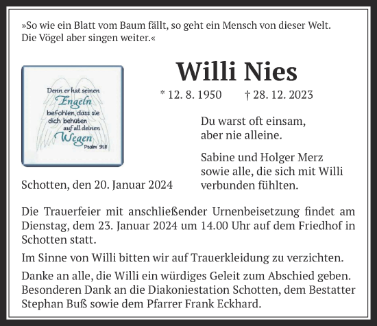 Traueranzeige von Willi Nies von Kreis-Anzeiger