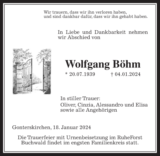 Traueranzeige von Wolfgang Böhm von Licher Wochenblatt, Licher Wochenblatt