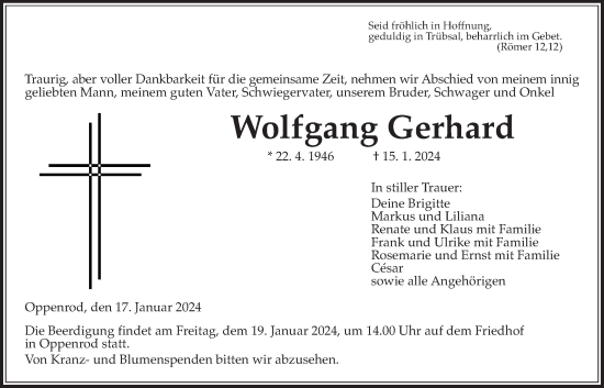 Traueranzeige von Wolfgang Gerhard von Giessener Anzeiger, Giessener Allgemeine, Alsfelder Allgemeine