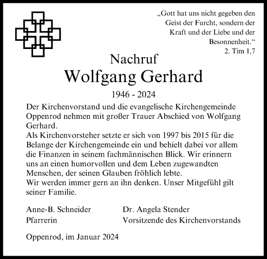 Traueranzeige von Wolfgang Gerhard von Giessener Allgemeine, Alsfelder Allgemeine, Giessener Anzeiger