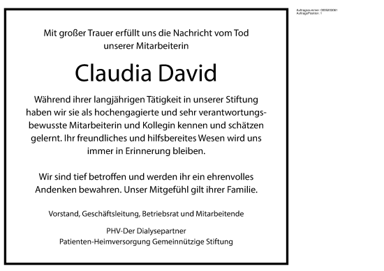 Traueranzeige von Claudia David 