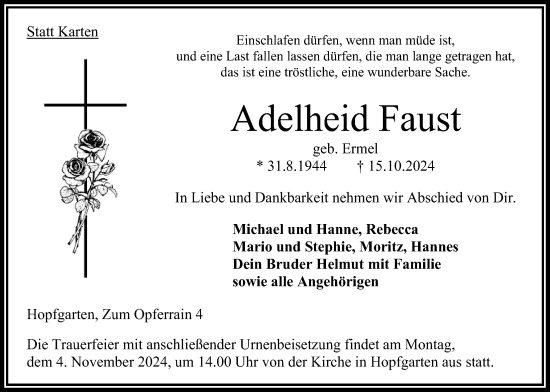 Traueranzeige von Adelheid Faust von Oberhessische Zeitung