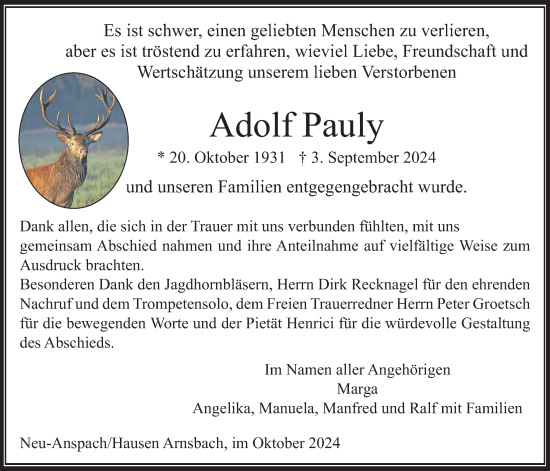 Traueranzeige von Adolph Pauly von Usinger Anzeigenblatt