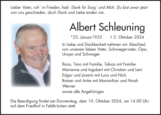 Traueranzeige von Albert Schleuning von Lauterbacher Anzeiger
