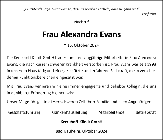 Traueranzeige von Alexandra Evans von Wetterauer Zeitung