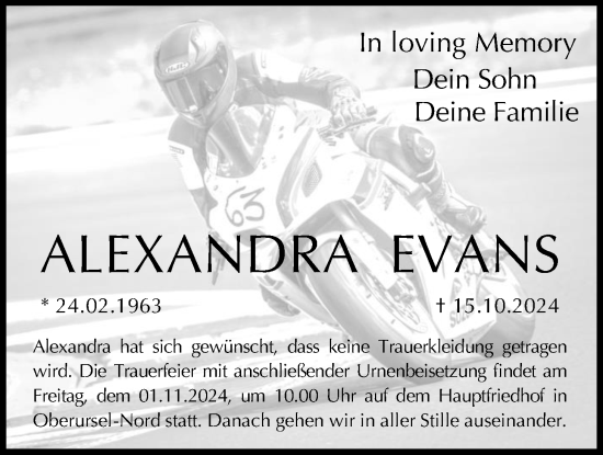Traueranzeige von Alexandra Evans von Wetterauer Zeitung