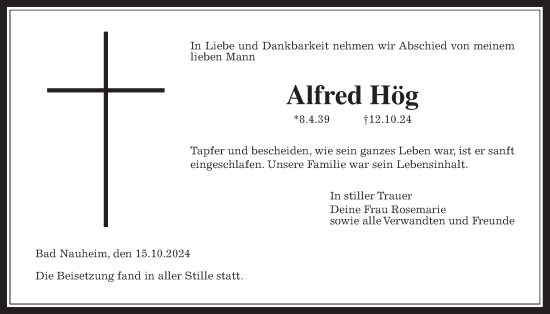 Traueranzeige von Alfred Hög von Wetterauer Zeitung