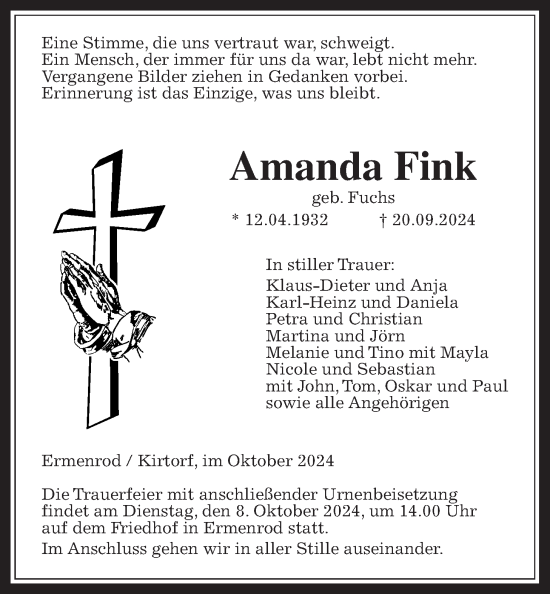 Traueranzeige von Amanda Fink von Oberhessische Zeitung, 