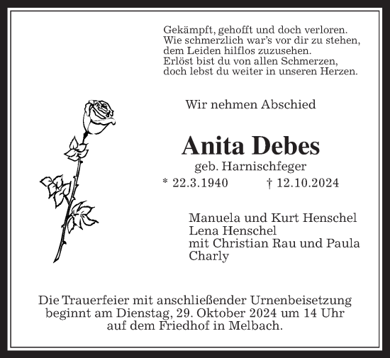 Traueranzeige von Anita Debes von Wetterauer Zeitung