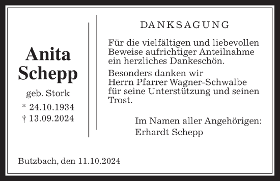 Traueranzeige von Anita Schepp von Butzbacher Zeitung