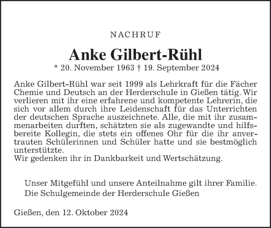 Traueranzeige von Anke Gilbert-Rühl von Giessener Allgemeine, Alsfelder Allgemeine, Giessener Anzeiger