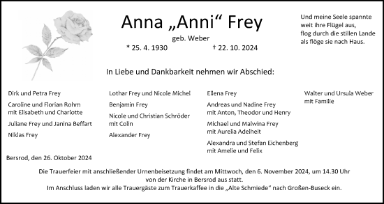 Traueranzeige von Anna Frey von Giessener Anzeiger, Giessener Allgemeine, Alsfelder Allgemeine