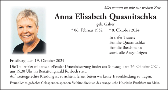 Traueranzeige von Anna Elisabeth Quasnitschka von Wetterauer Zeitung