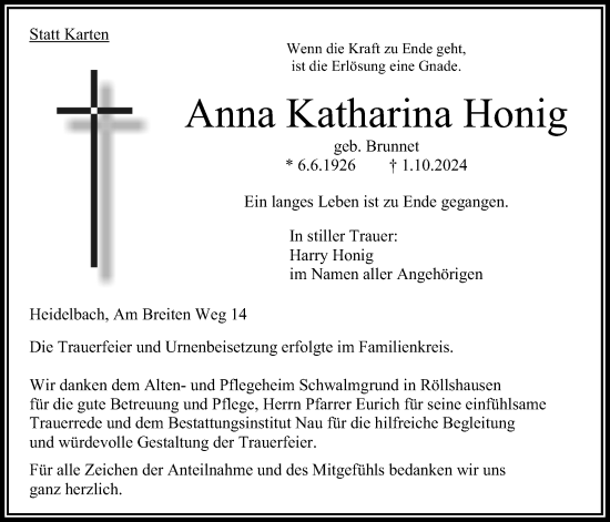 Traueranzeige von Anna Katharina Honig 