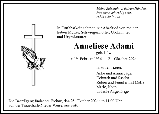 Traueranzeige von Anneliese Adami von Butzbacher Zeitung