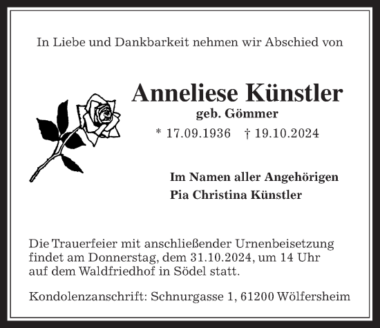 Traueranzeige von Anneliese Künstler von Wetterauer Zeitung