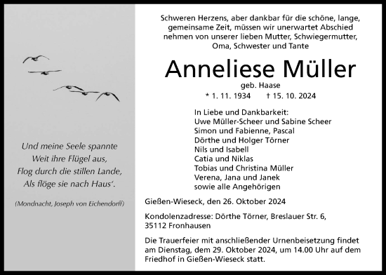 Traueranzeige von Anneliese Müller von Giessener Anzeiger, Giessener Allgemeine, Alsfelder Allgemeine