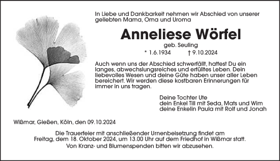 Traueranzeige von Anneliese Wörfel von Giessener Allgemeine, Alsfelder Allgemeine, Giessener Anzeiger