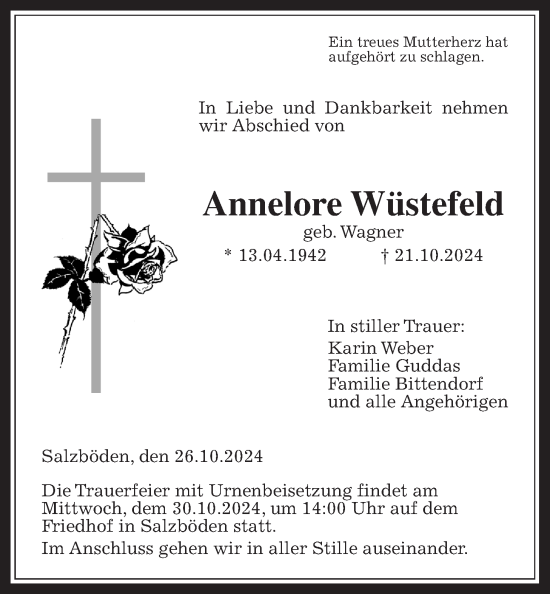 Traueranzeige von Annelore Wüstefeld von Giessener Anzeiger, Giessener Allgemeine, Alsfelder Allgemeine