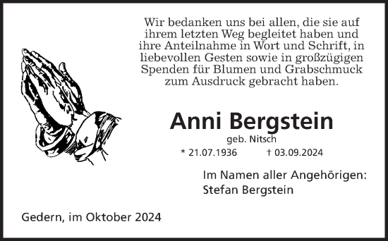 Traueranzeige von Anni Bergstein von Kreis-Anzeiger