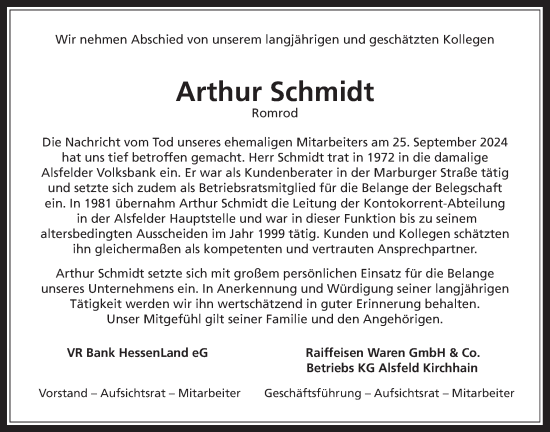 Traueranzeige von Arthur Schmidt von Oberhessische Zeitung