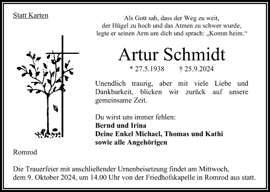 Traueranzeige von Artur Schmidt von Oberhessische Zeitung