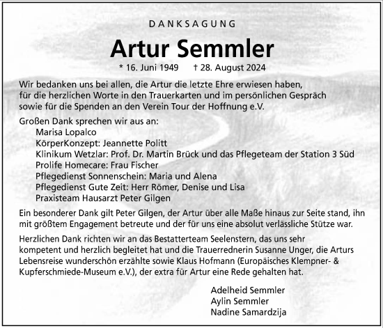 Traueranzeige von Artur Semmler von Giessener Allgemeine, Alsfelder Allgemeine, Giessener Anzeiger