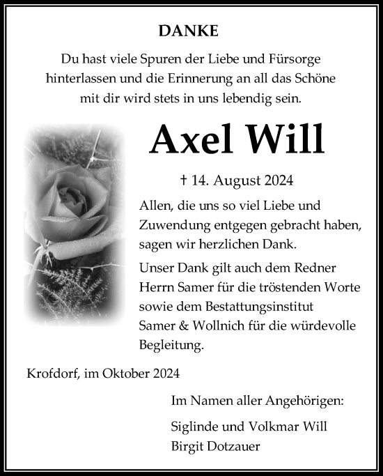 Traueranzeige von Axel Will von Giessener Allgemeine, Alsfelder Allgemeine