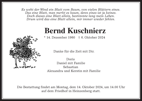 Traueranzeige von Bernd Kuschnierz von Usinger Anzeigenblatt