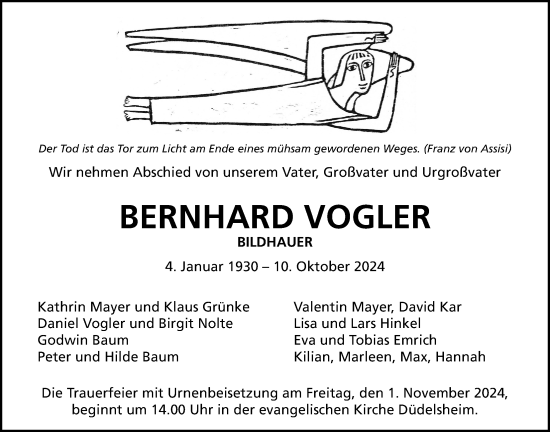 Traueranzeige von Bernhard Vogler von Kreis-Anzeiger