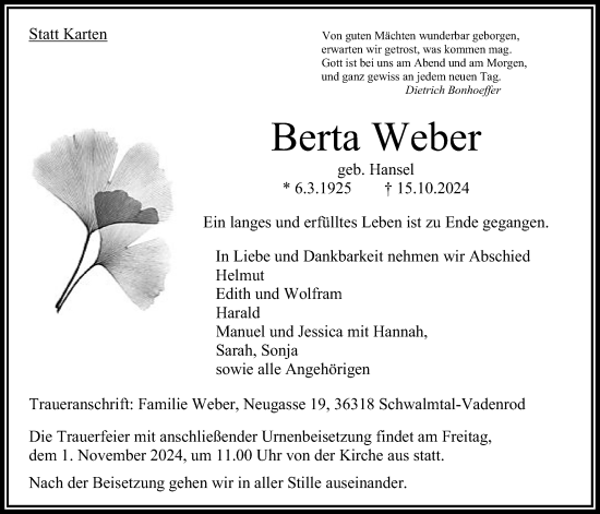 Traueranzeige von Berta Weber von Oberhessische Zeitung