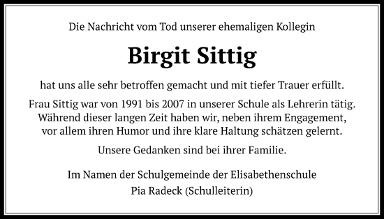 Traueranzeige von Birgit Sittig 