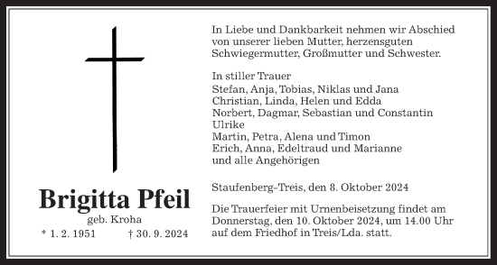 Traueranzeige von Brigitta Pfeil von Giessener Allgemeine, Alsfelder Allgemeine