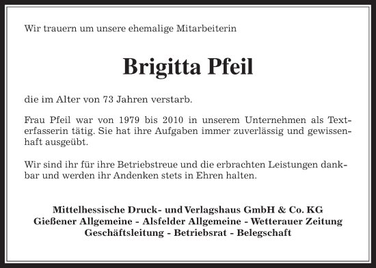 Traueranzeige von Brigitta Pfeil von Giessener Allgemeine, Alsfelder Allgemeine
