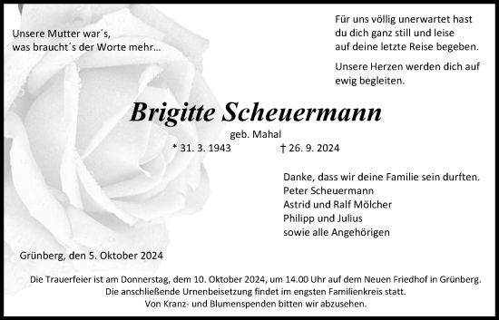 Traueranzeige von Brigitte Scheuermann von Giessener Allgemeine, Alsfelder Allgemeine